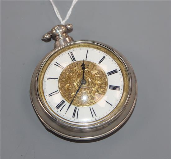 A William IV silver pair-cased key-wind pocket watch having gilt and enamelled dial